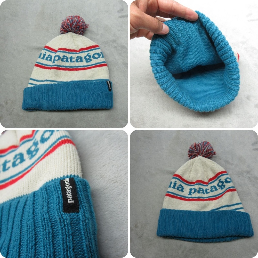 Patagonia Beanie Unisex One Size Blue Knit Pom‎ Pom Logo Thick Heavyweight VTG